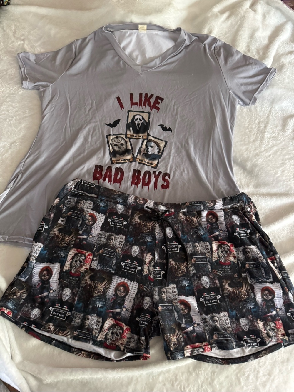 Horror Icons Mug Shots I Like Bad Boys Pajama Shorts Set XL Jason Michael Myers